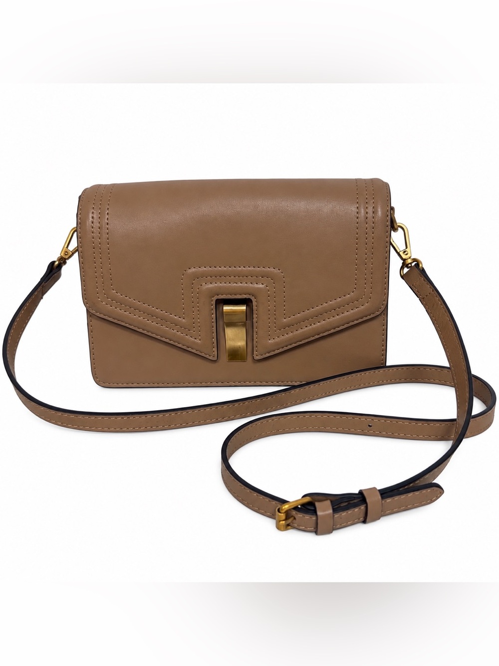 Joy Gryson Tan Leather Crossbody Bag Flap Gold Hardware Shoulder Purse